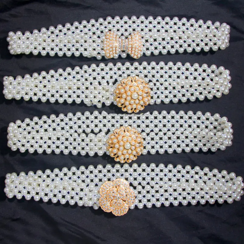 

JJFOUCS Elegant Simualted Pearl Waist Belt For Women Elastic Chain Belt Flower Crystal Buckle Girls Dress Waistband Accessories