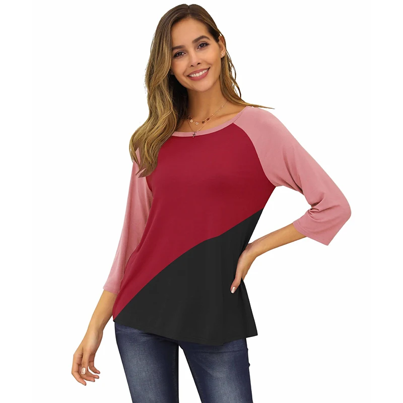 

Summer Women O Neck Color Patchwork Three Quarter Sleeve Tops Tee Ladies Plus Size Casual Loose Korean Basic T-shirt SJ5900M