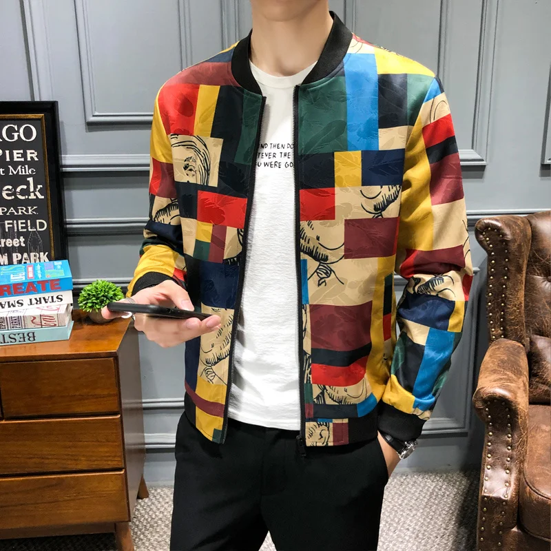 

New Vintage Jacket Men Floral Bomber Jacket Men Patchwork Lattice Long Sleeve Zipper Jackets Coat Men's Pilot Jacket M-5XL