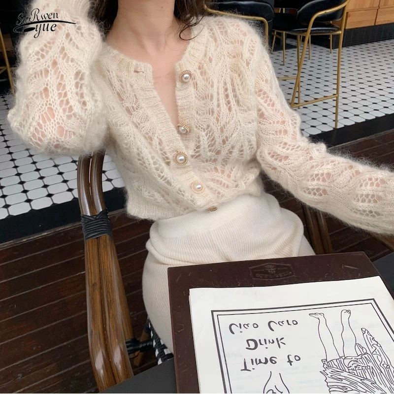 2021 new sweater autumn white openwork knitted cardigan french mohair coat sweater female air-conditioning suit 16179