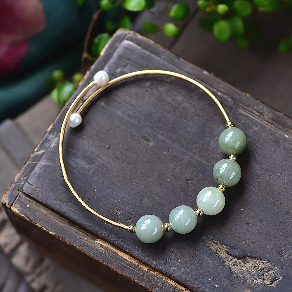 Natural Green Jades Stone Round Beads Bracelet Natural Pearl 14K Gold Filled  Wire Bangle Winding Handmade DIY Jewelry For Woman