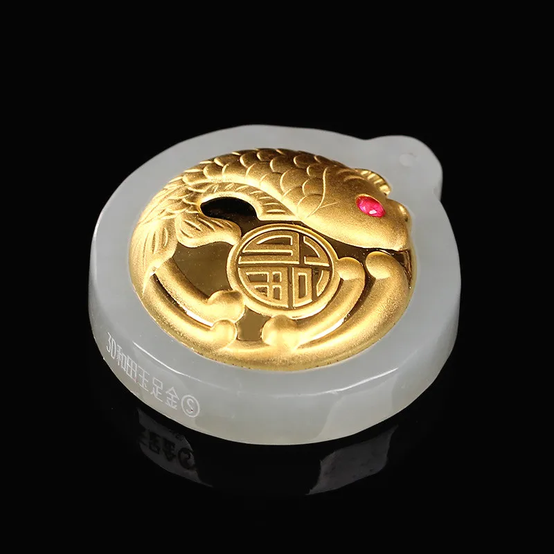 Натуральный китайский белый нефрит мозаика Золотой Карп Кулон ручной работы