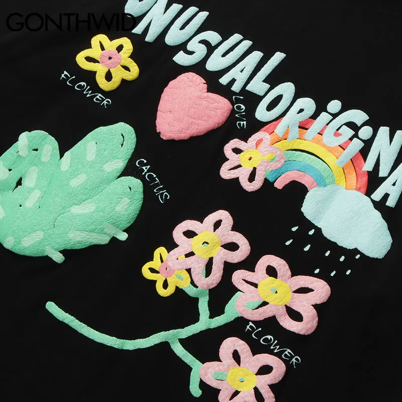

GONTHWID T-Shirts Hip Hop Graffiti Flowers Rainbow Heart Print Tshirts Streetwear Harajuku Hipster Cotton Loose Casual Tees Tops