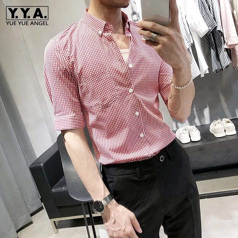 

Мужская приталенная рубашка в клетку, однобортная Повседневная Блузка в Корейском стиле с отложным воротником и карманами, лето 2021