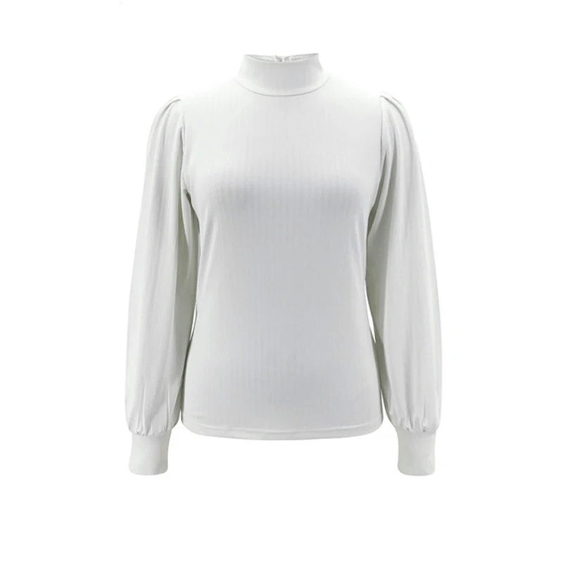 

White Turtleneck Office Ladies Long Sleeve Slim Tops 2020 Women Elegant Solid Button Decor Autumn T Shirts Streetwear SJ7351V