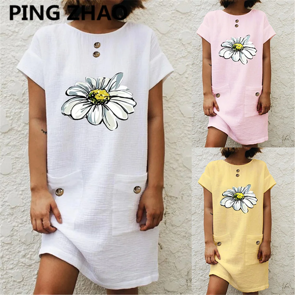 

PING ZHAO Vintage Floral Printed Loose Mini Dress Elegant Women Summer O-Neck Short Sleeve A-Line Dresses Female Casual Dress