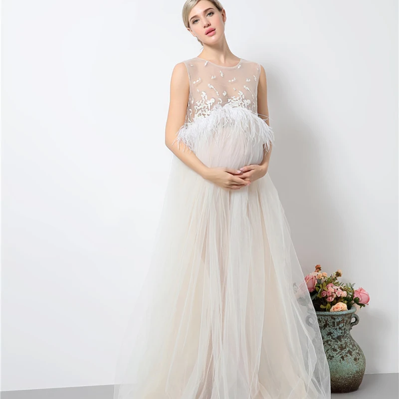 MOMLUVBB Pregnant Photography Studio Props Feather Lace Perspective Elegant Maternity Dresses for Photo Shoot Pregnancy Dress