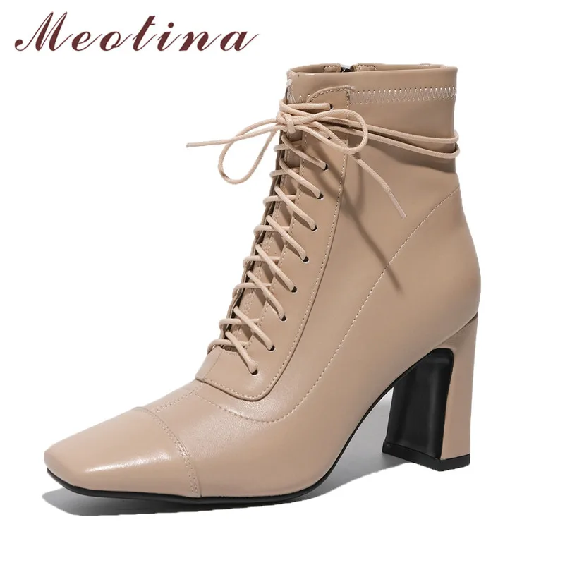 

Meotina Women Ankle Boots Shoes Real Leather High Heel Lady Boots Zip Lace Up Square Toe Chunky Heels Short Boots Autumn Winter