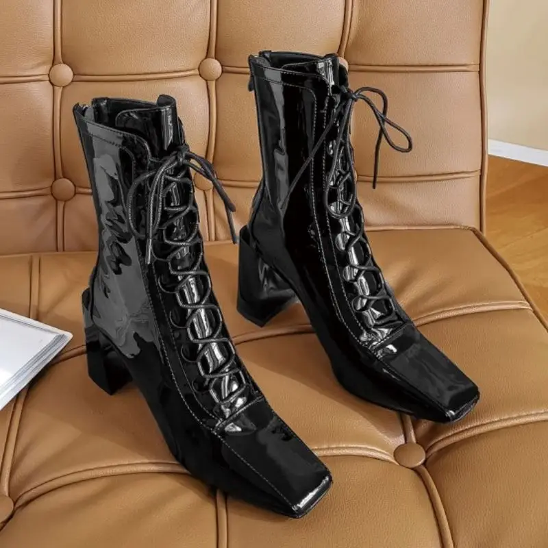 

KemeKiss Women Ankle Boots Thick Heel Cross Strap Square Toe Zipper Shoes Warm Boots Women Fashion Footwear Size 34-39