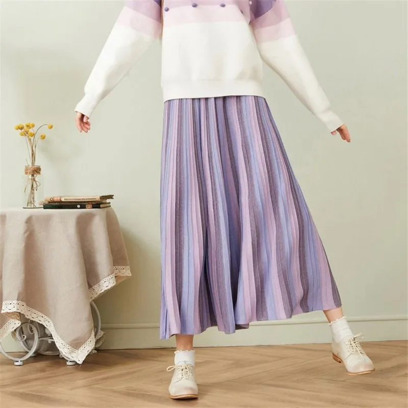 

Elegant Pink Purple High Waist Pleated Skirt Women Knitted Chic long Skirt fashion Casual splice A-line students midi Skirt