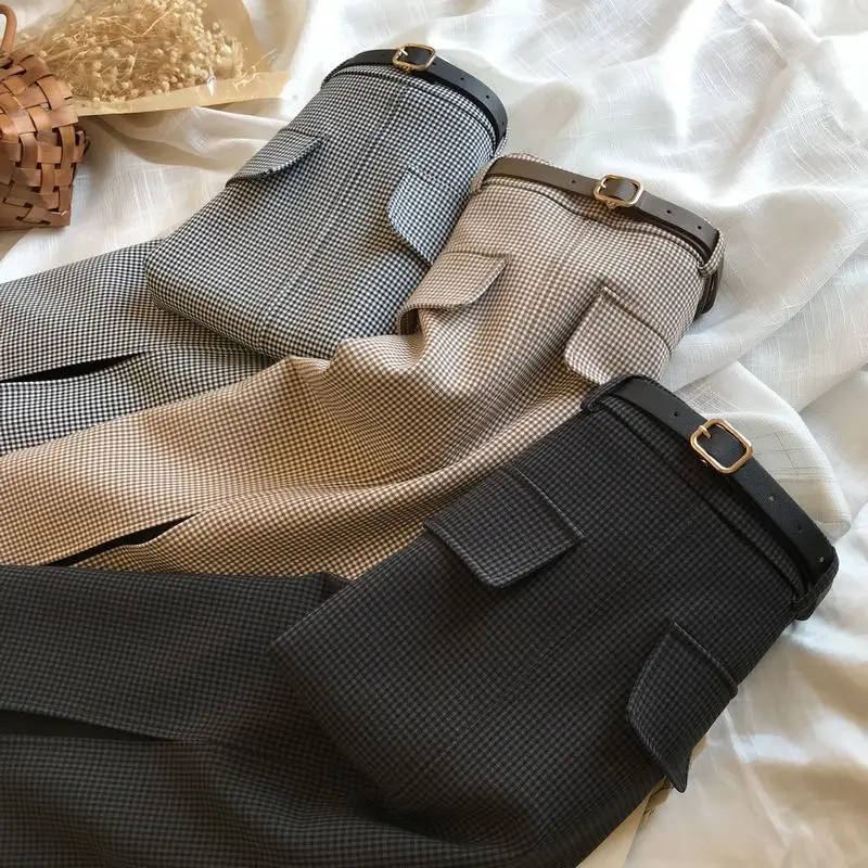 

Женская Осенняя одежда 2021, клетчатая юбка, Женская юбка средней длины с разрезом, высокой талией и поясом, сексуальные юбки до середины беде...