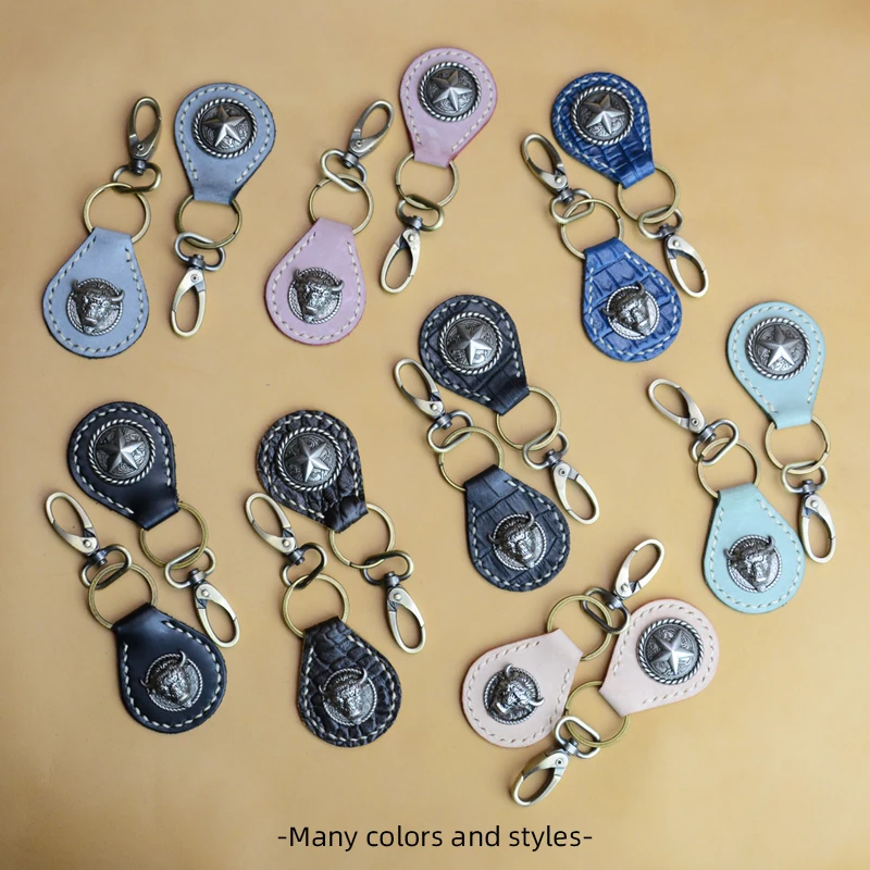 Ручная работа ретро брелок металлическая кнопка натуральная кожа повседневный