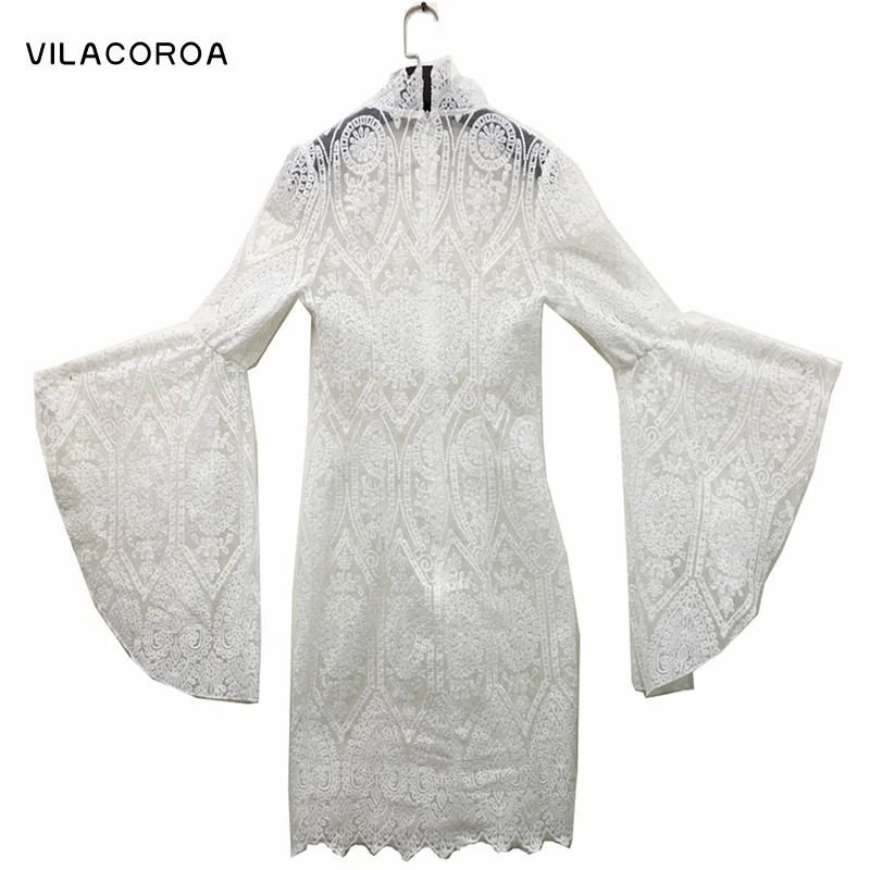 

Turtleneck Embroidery Flared Sleeve Women Prom Dress Perspective Sexy Tight Buttocks Party White Dresses Two-Piece Female Dress