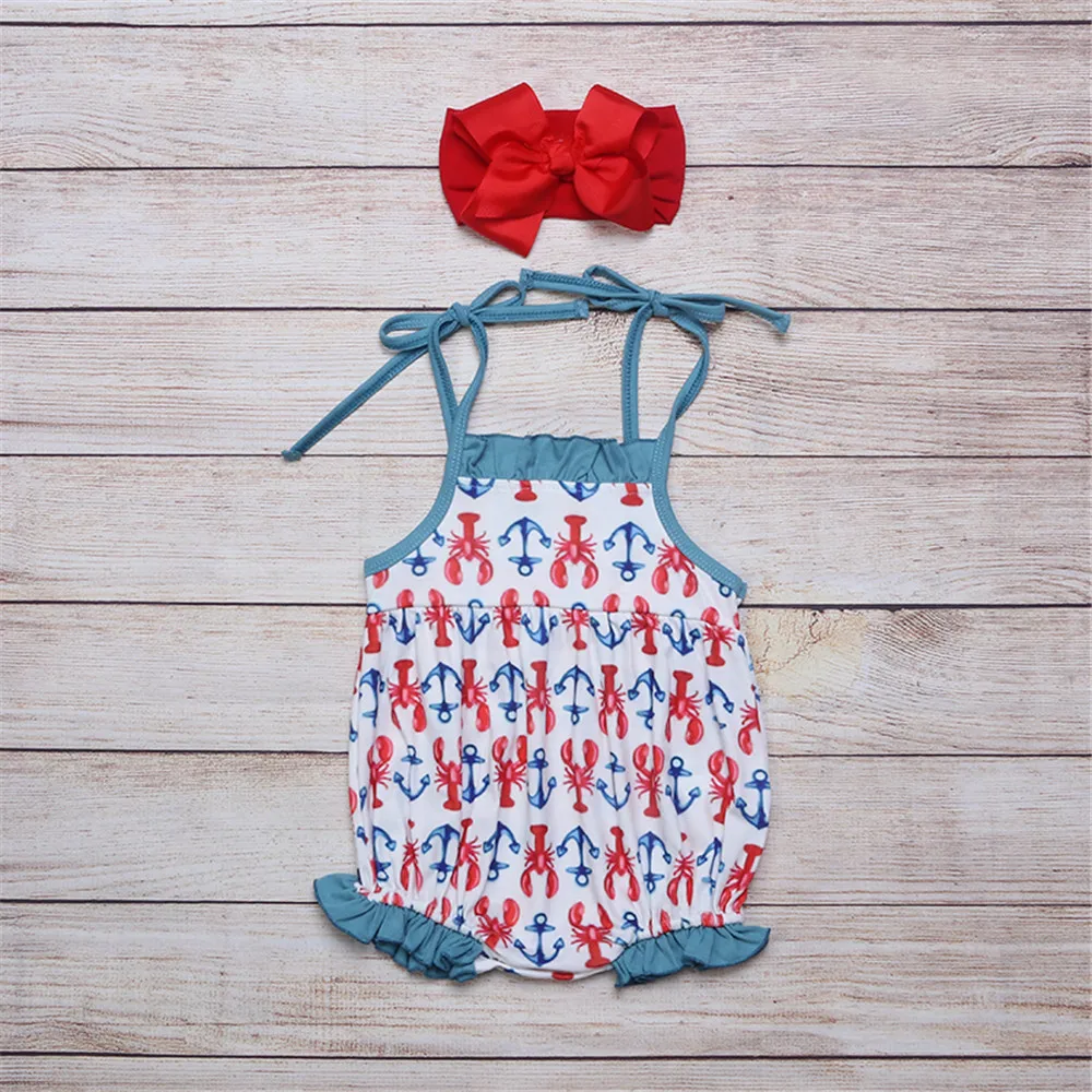 

2021 New Style Cotton Printing Girls Romper Lobster Print Triangle With Straps Ruffle Baby Jumpsuit Clothing