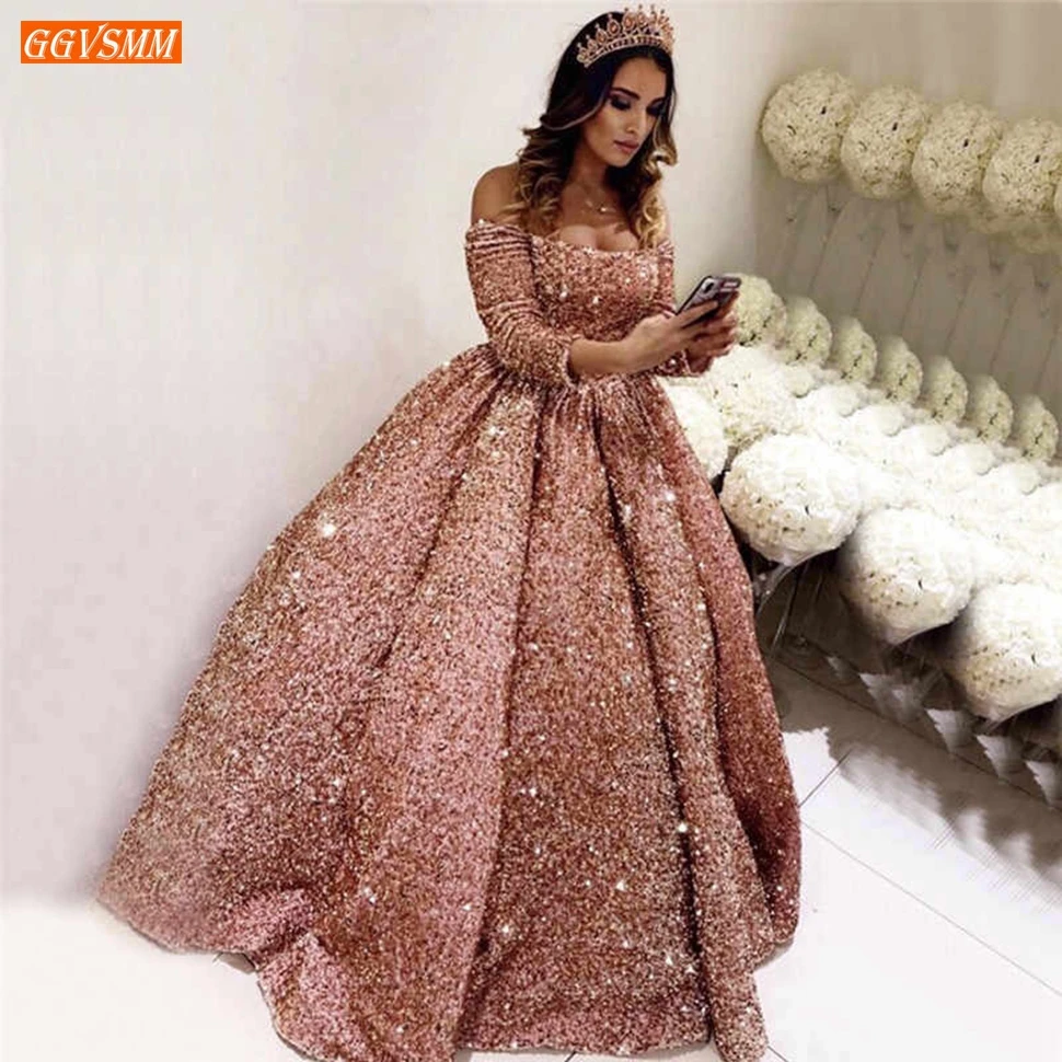 Дубай розовый одежда с длинным рукавом Пром Dressses 2020 Блестками Блестящие Одежда