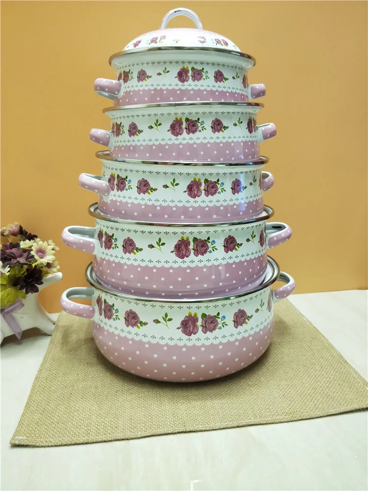 Фарфоровые эмалированные Цветы 5 суповых горшков розовая сковорода с крышкой
