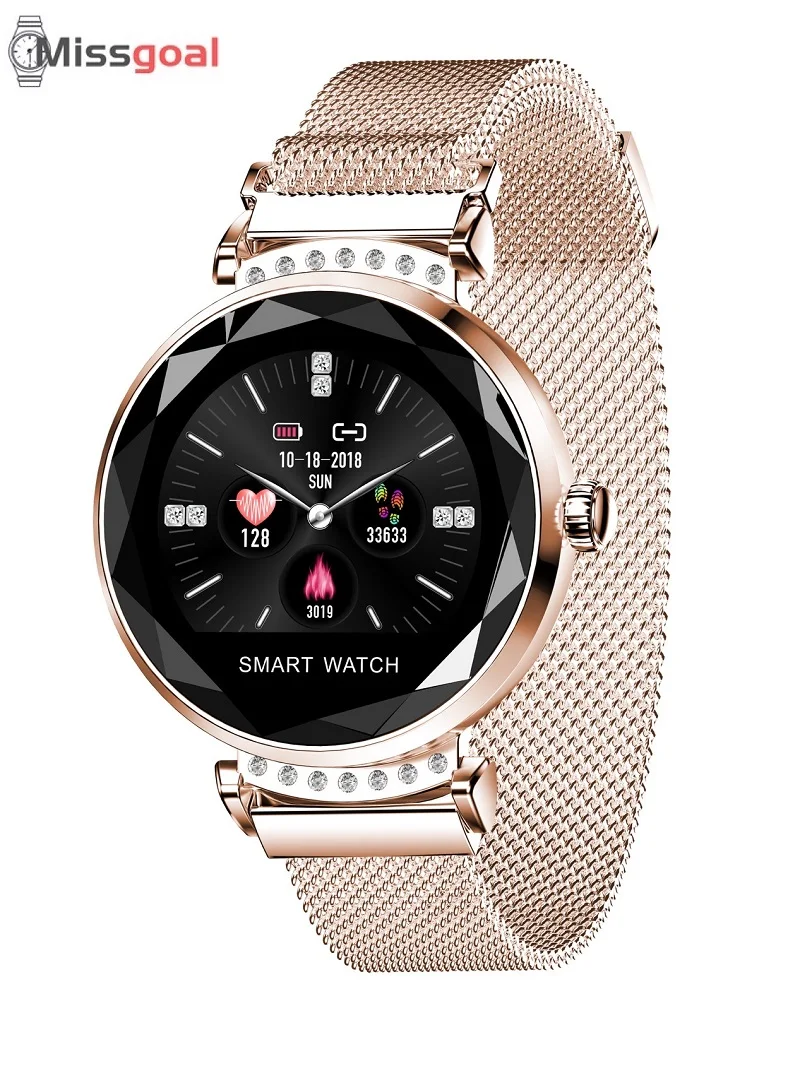 Умные часы Missgoal женские модные с алмазным стеклом Smartwach H2 IP68 водонепроницаемый