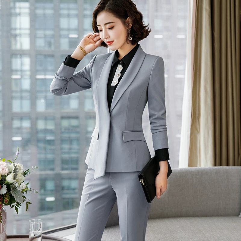 Lenshin формальный ассиметричный серый брючный костюм для женщин рабочая одежда