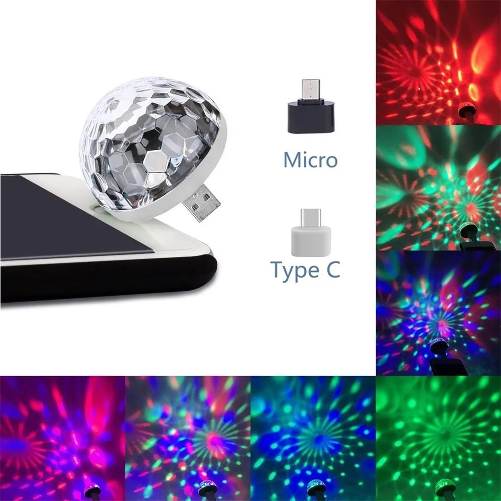 

Usb Mini Disco Stage Lights Led Xmas Party Car Decor Lamp Cellphone Music Control Crystal Magic Ball Colorful Light #50g