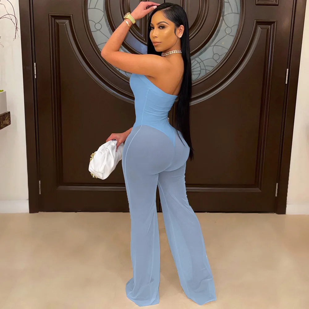 

Summer Sexy Tube Top Mesh Jumpsuit Women Nightclub Club Clothing Fashion Solid Color Tube Top Long Jumpsuit