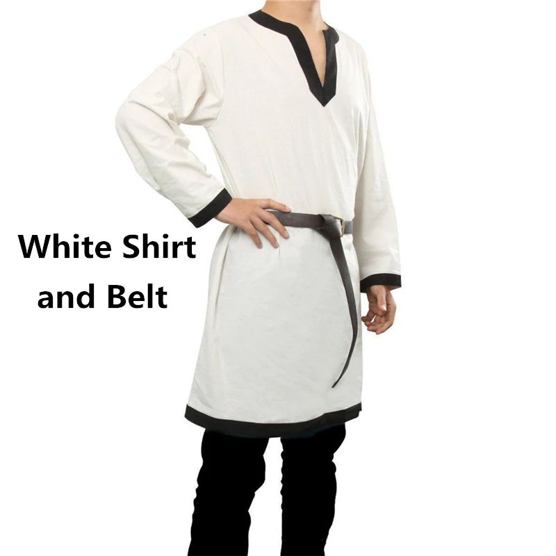 White Shirt and Belt Male Halloween Medieval Viking Warriors Knight Shirts Belt Renaissance Vintage Middle Age V-neck Party Cosplay Costumes - Цвет: White Shirt and Belt