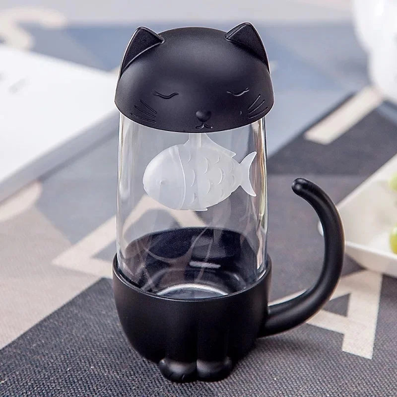 Cat-Black Милый мультфильм кошка или собака стекло пара чашки DDC-21 - Цвет: Cat-Black