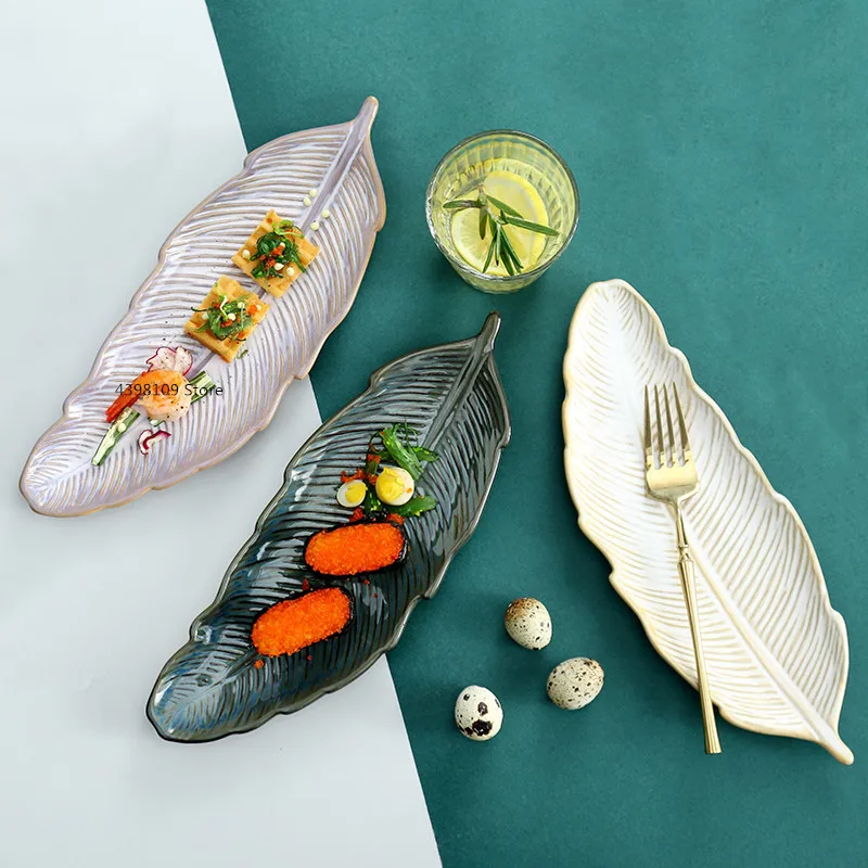 Креативная десертная тарелка в форме листа керамическая для суши