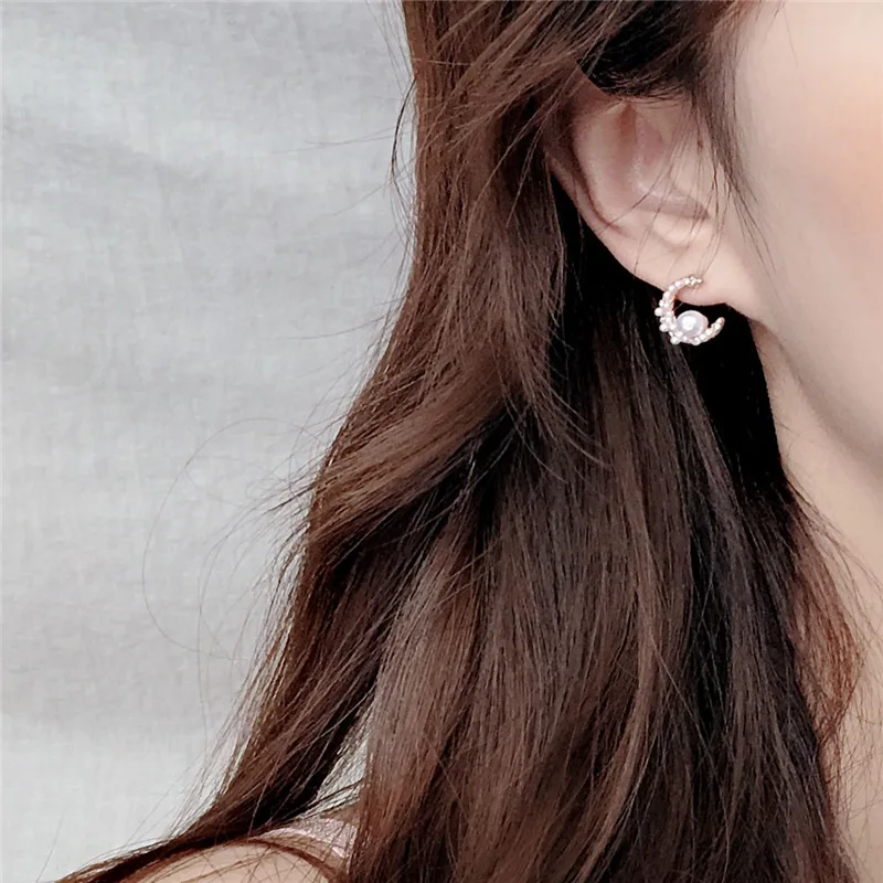 Женские серьги с имитацией жемчуга гвоздики Луной и стразами бижутерия для