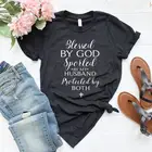 Рубашка с принтом Бога, испорченная моим мужом, защищенная рубашкой христианской веры, Хлопковая женская одежда с круглым вырезом и коротким рукавом