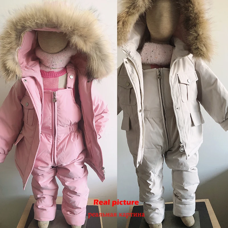 

2pcs Set Baby Girl winter down jacket and jumpsuit for children Thicken Warm fur collar jacket for girls Infant snowsuit 0-4Year