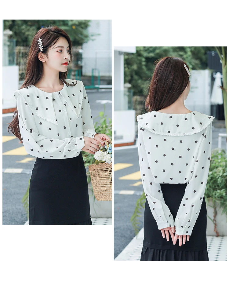 

Houthion Chiffon Women's Blouses Button Office Lady Polka Dot Print Shirt Casual Long Sleeve Top Loose Summer Fashion Blouse