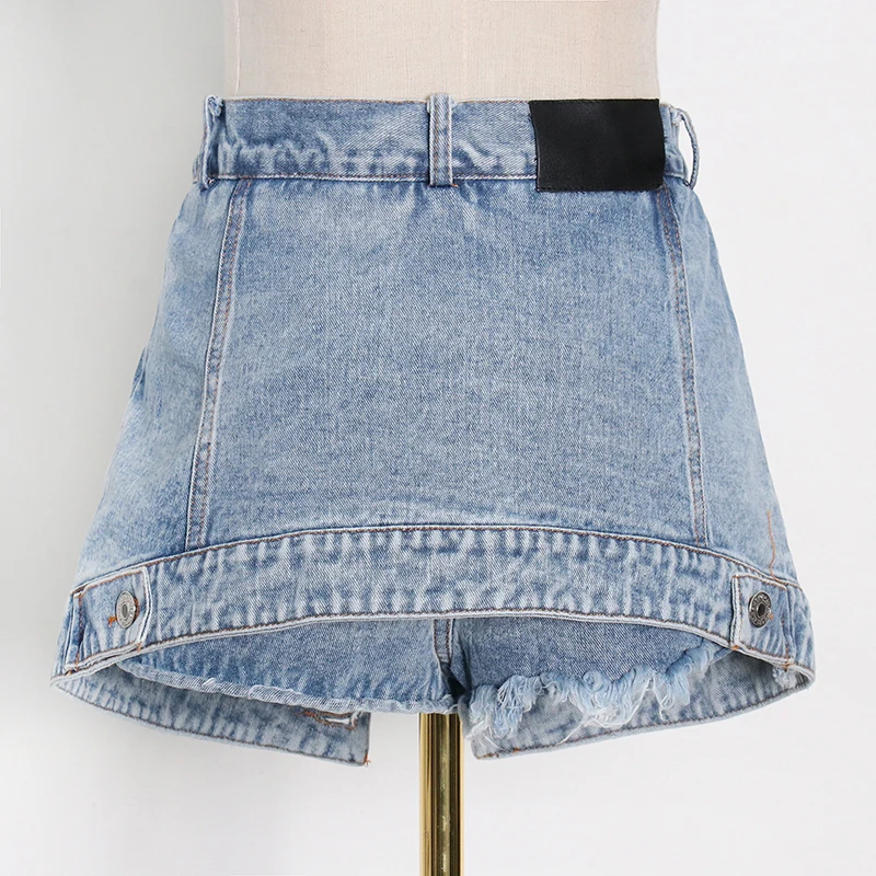 

Twotwinstyle Casual Patchwork Button Tassel Short for Women High Waist Mini Denim Skirts Shorts Female 2021 Fashion New Tide
