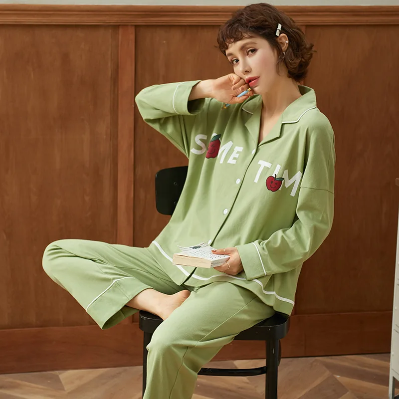 

Spring autumn women pajamas cardigan cute nightwear knitted cotton long-sleeved home service suit loungewear sleepwear pjs