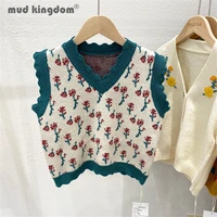 mudkingdom girl sweater vest floral v neck wavy edge loose fit sleeveless tops for toddler drop shoulder clothes spring autumn