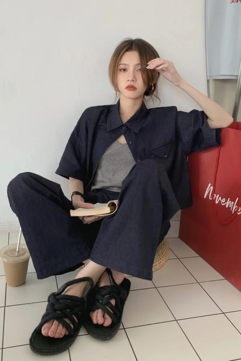 Женская летняя тонкая джинсовая короткая рубашка с высокой талией модные