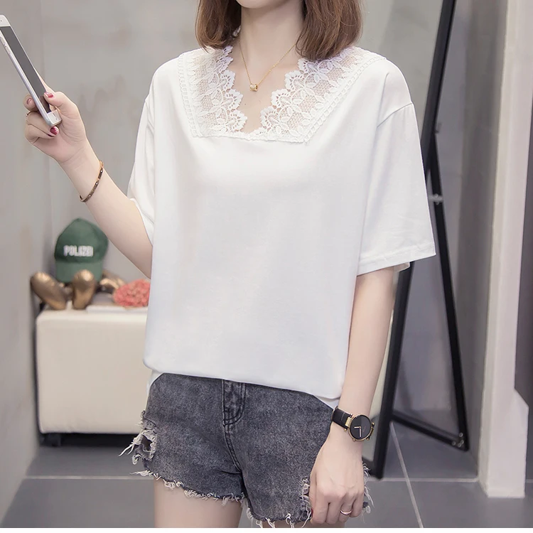 

Plus Size 3XL 4XL New 2021 Summer Women Tee Lace Patchwork T-Shirt Short Sleeves V-Neck Female Tees Womens Casual Loose Tops