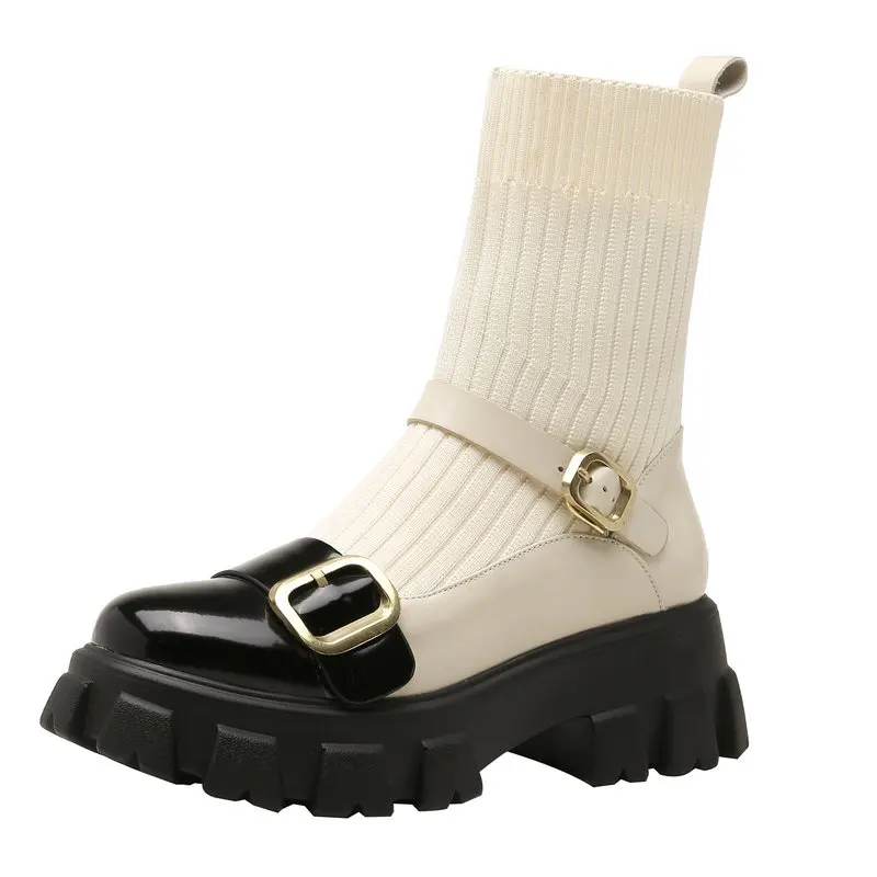 

Round Toe Thick high Heels Women Ankle Boots Classic Genuine Leather Autumn knitting boots Winter Concise Casual Shoes Woman