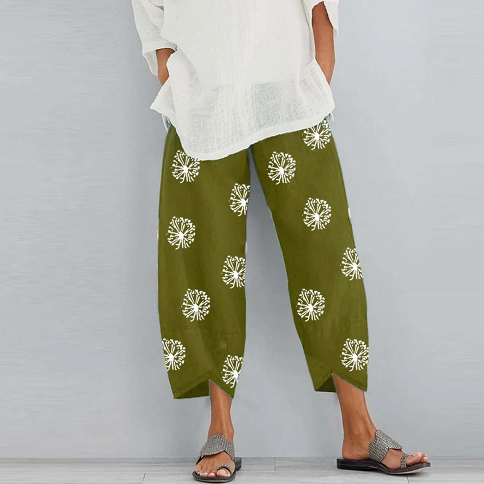 

Women Cotton Linen Loose Flower Printed Embroidery Elastic Waist Casual Pants Cropped Pants Fashion Casual Oversized Clothing