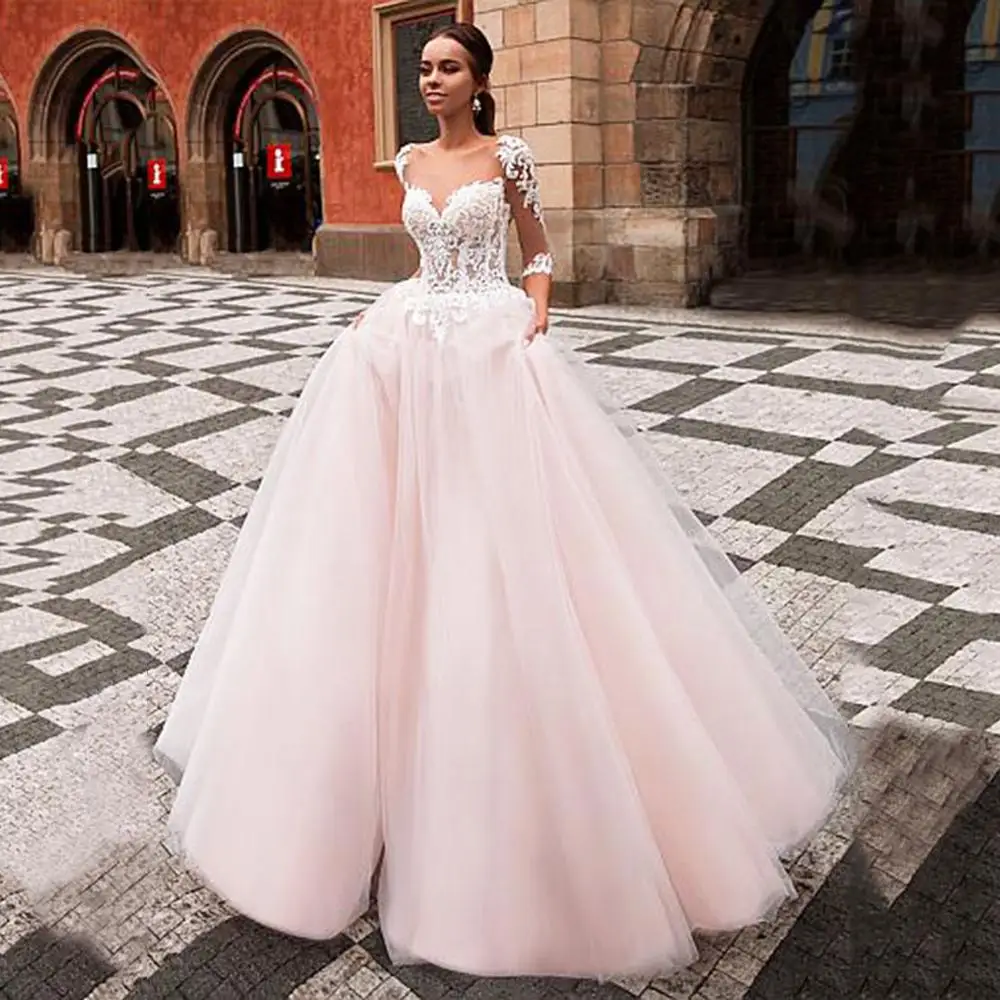 

Pink Wedding Dress 2020 V Neck Lace Appliques Beach Bridal Gowns Tulle vestido de novia Plus Size Wedding Dresses Boho