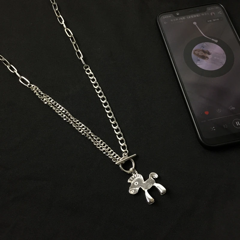 

POTCET Unisex Pony Necklace Horse to Success Pendant Clavicle Chain Geometric Fashion Hip Hop Party Jewelry