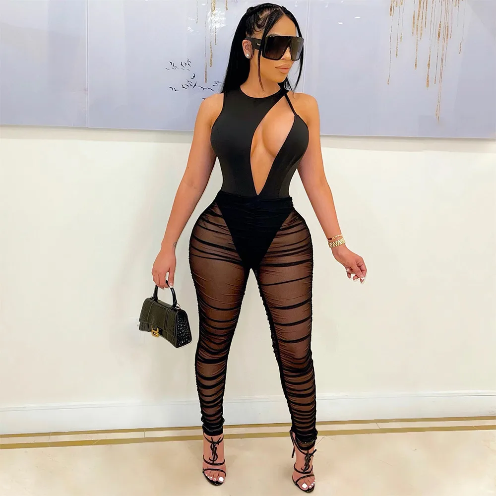 

Sheer Mesh Cut Out Asymmetrical Pleated Jumpsuit Women Sleeveless See Through Bandage Romper Streetwear One Piece Club Outfits