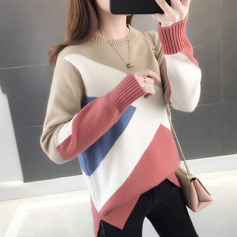 TIGENA Beautiful Contrast Color Knitted Sweater Women 2019 Fall Winter Long Sleeve Pullover Female Loose Jumper | Женская одежда