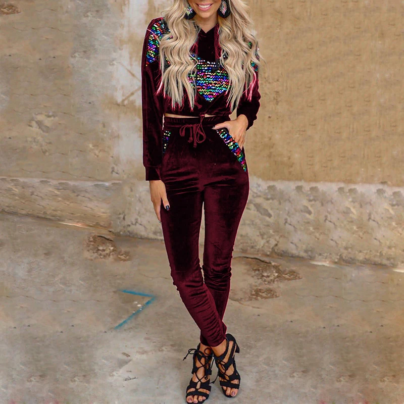 

Two Piece Set Women Hoodie Sportswear Long Sleeve Sequin High Waist Drawstring ladies Loungewear Set Casual Female Sporty Sets