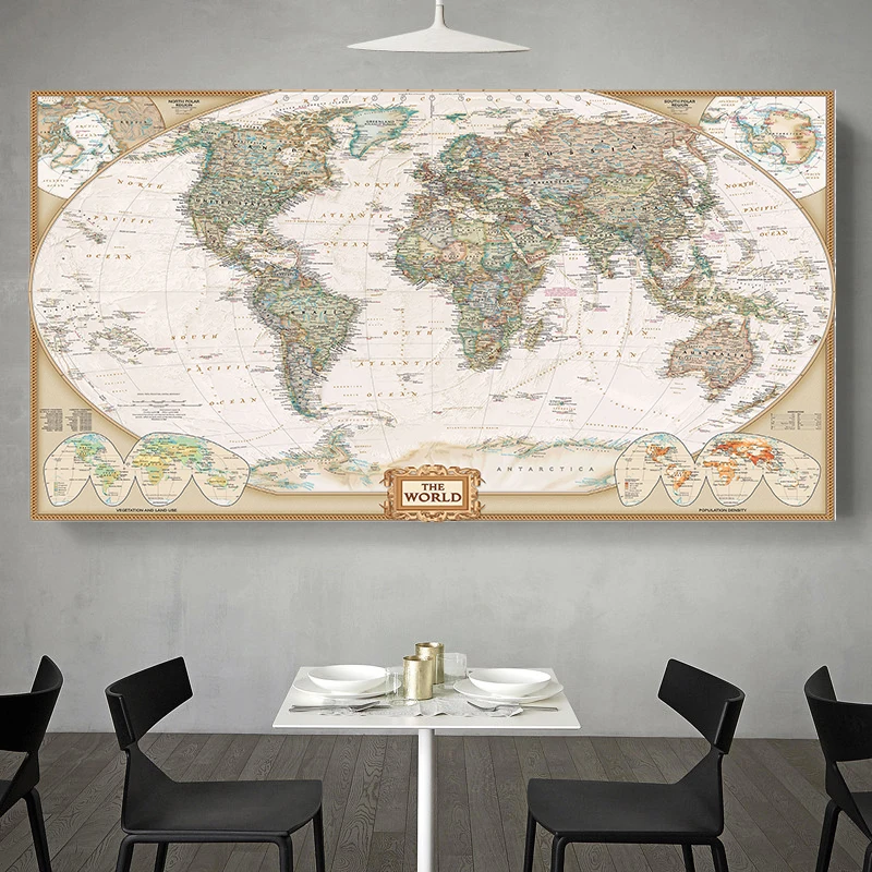 225*150cm The World Map Non-woven Canvas Painting Retro Wall Art Poster Office Home Decoration School Supplies