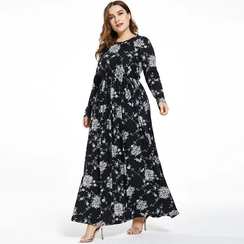 2020 Новая мода размера плюс женское платье с круглым вырезом и длинным рукавом