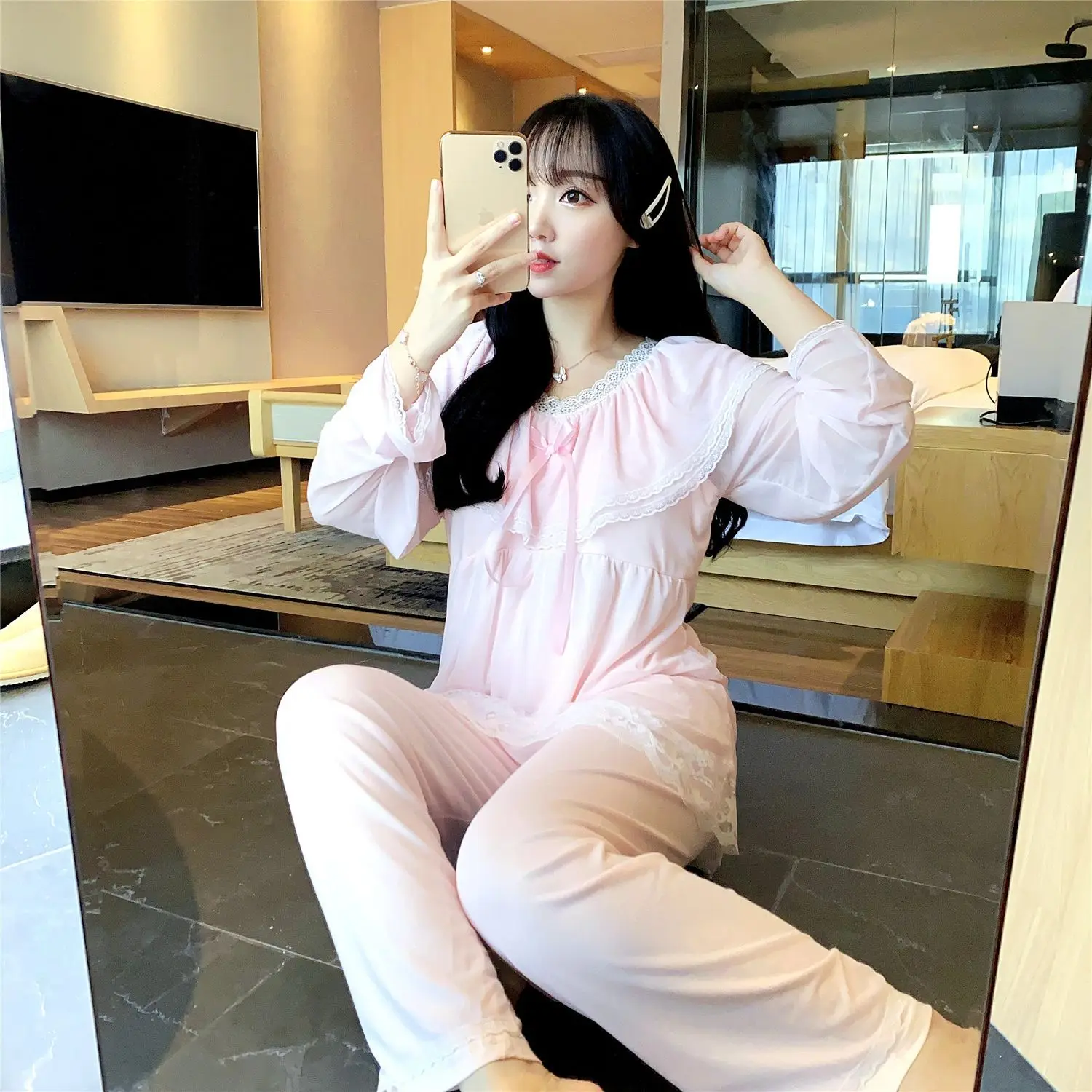 Princess Wind Belt Bra Pajamas Women's Spring Autumn Cotton Nightwear Long Sleeve 2Pcs Suit Court Home Clothes Sleepwear