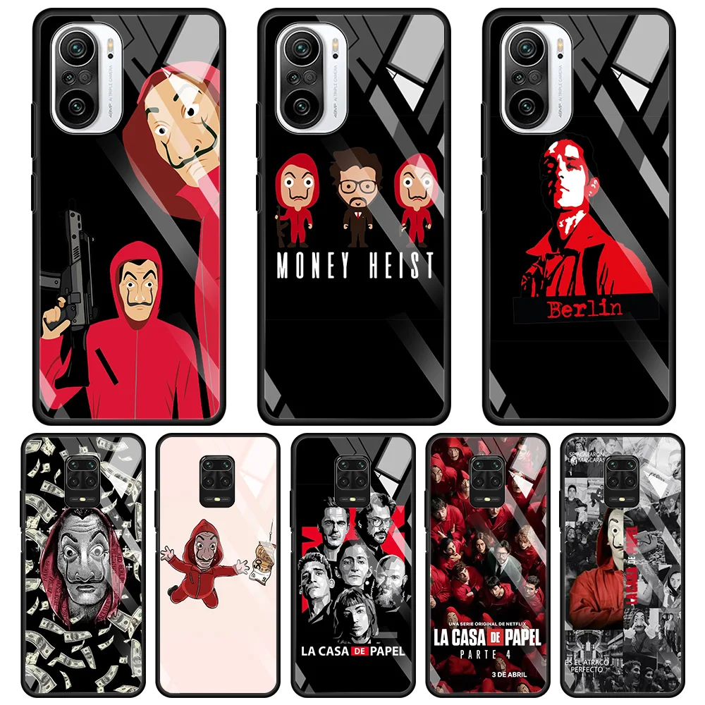 

Glass Case for Xiaomi Redmi Note 9S 7 9 8 10 Pro Max 8T 9c 9A 9T PC Cover for Redmi K40 K30 K20 Spain TV Money Heist House Paper