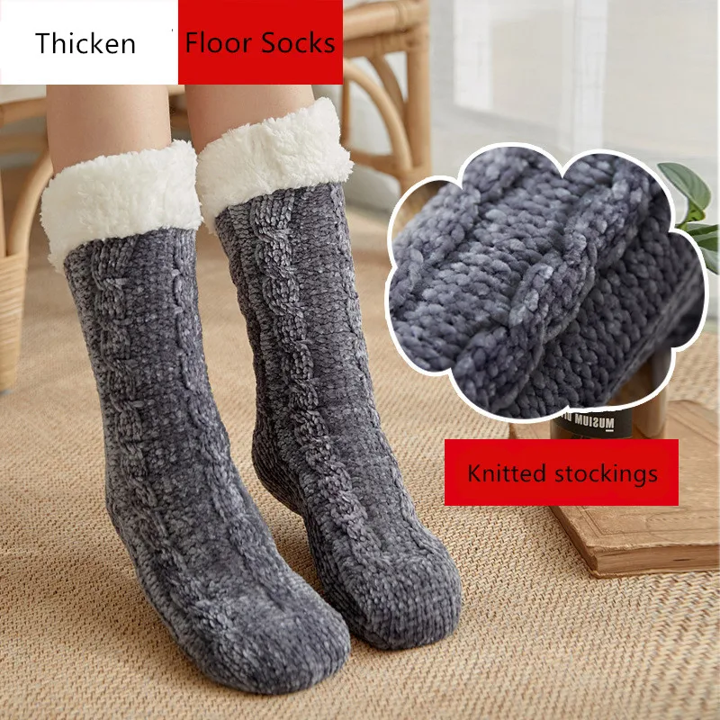 Women Socks Thicken Winter Plush Non-Slip Knitted Sock Warm Boots Floor Slippers Socks Woman Indoor Cotton Sleep Sock
