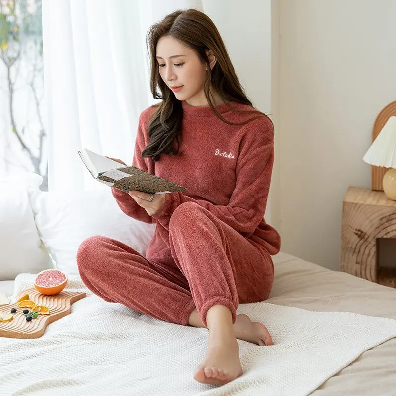 

Pajamas For Women Coral Velvet Winter Warm Pajamas Set Long Sleeve Sleepwear Turn-down Collar Home Clothes Casual Pyjamas Suit