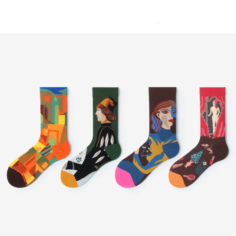 

Модные жаккардовые хлопковые носки унисекс с абстрактным рисунком, коллекция 2020 года, носки в корейском ретро-стиле молодежного литературн...